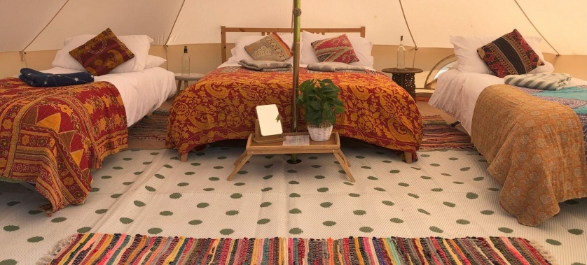 Inside a beautiful bell tent at Spring Hill Farm Campsite